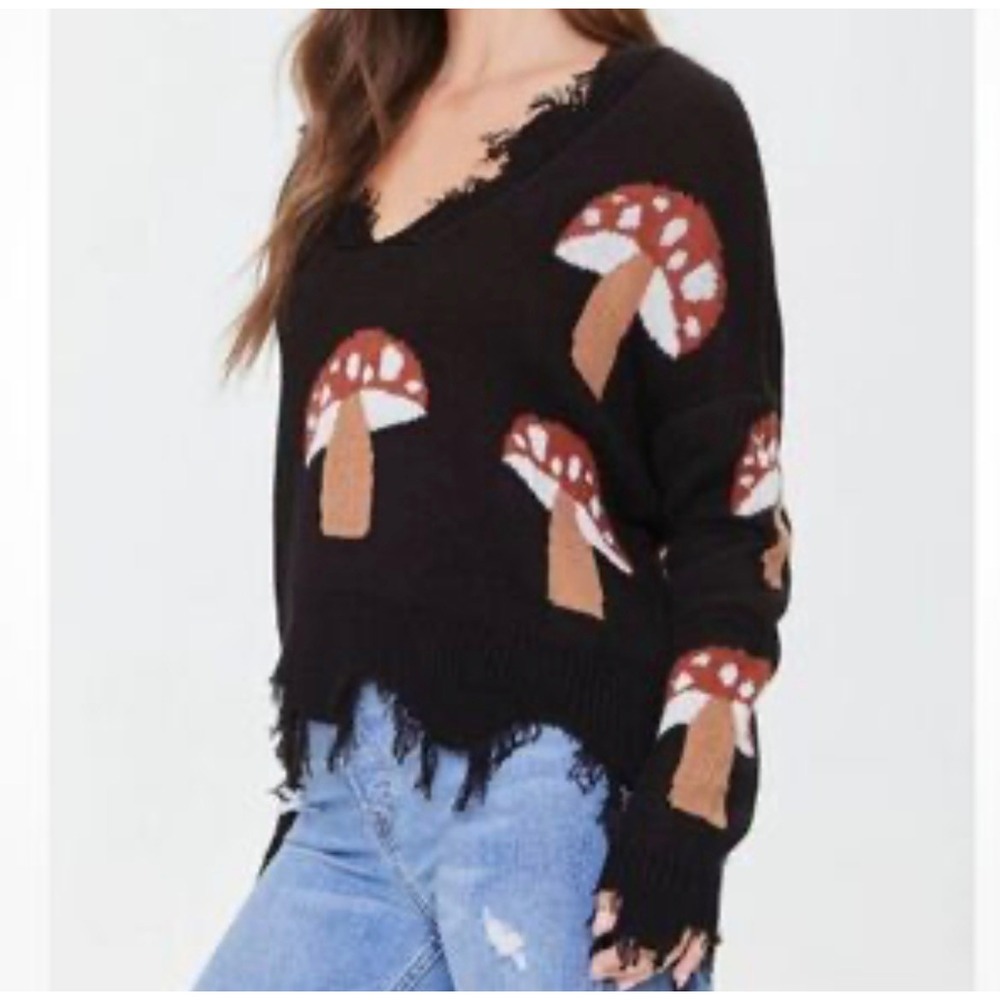 Forever 21 Womens Distressed Mushroom Crop Sweater Black V-Neck Small